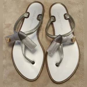 Louis Vuitton Silver Sandals Metallic T-Bar Design