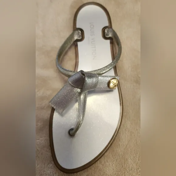 Louis Vuitton Silver Sandals Metallic T-Bar Design