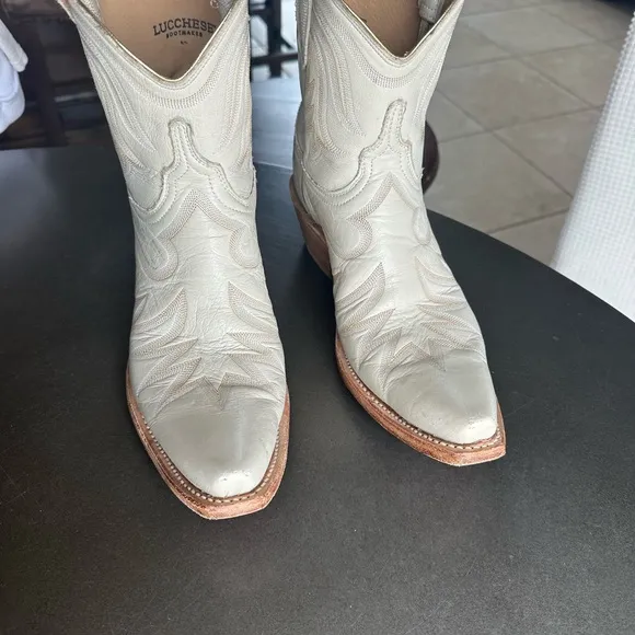 Lucchese Cream Heeled Boots with Western Stitching