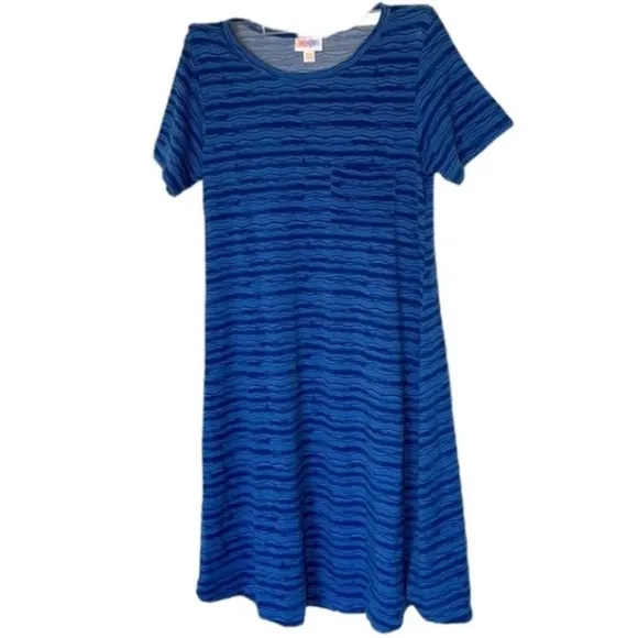 LuLaRoe Midi T-Shirt Dress Blue Navy Carly Zig Zag Straight Line Oversized Comfy