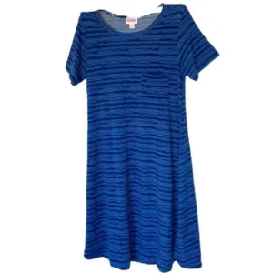 LuLaRoe Midi T-Shirt Dress Blue Navy Carly Zig Zag Straight Line Oversized Comfy