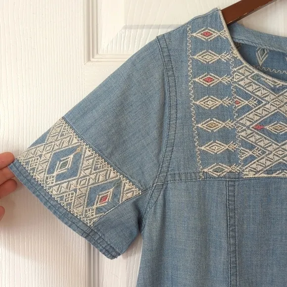 Madewell Boho Embroidered Chambray Oversized Short Sleeve Mini Tunic Dress Small