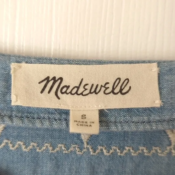 Madewell Boho Embroidered Chambray Oversized Short Sleeve Mini Tunic Dress Small