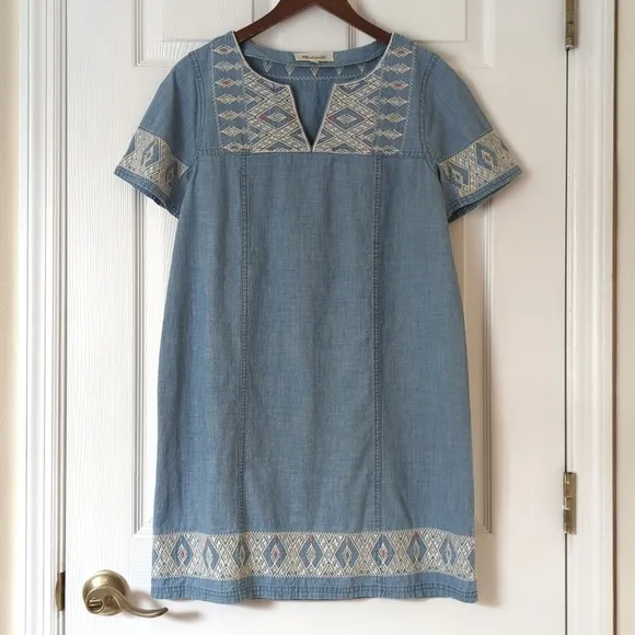 Madewell Boho Embroidered Chambray Oversized Short Sleeve Mini Tunic Dress Small