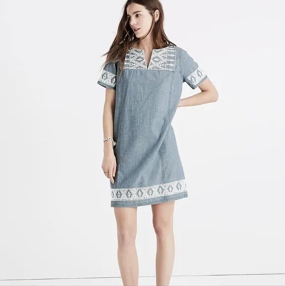 Madewell Boho Embroidered Chambray Oversized Short Sleeve Mini Tunic Dress Small