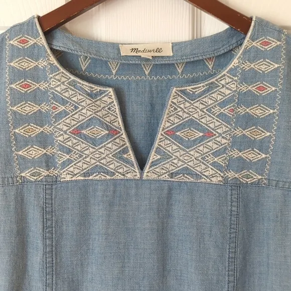 Madewell Boho Embroidered Chambray Oversized Short Sleeve Mini Tunic Dress Small