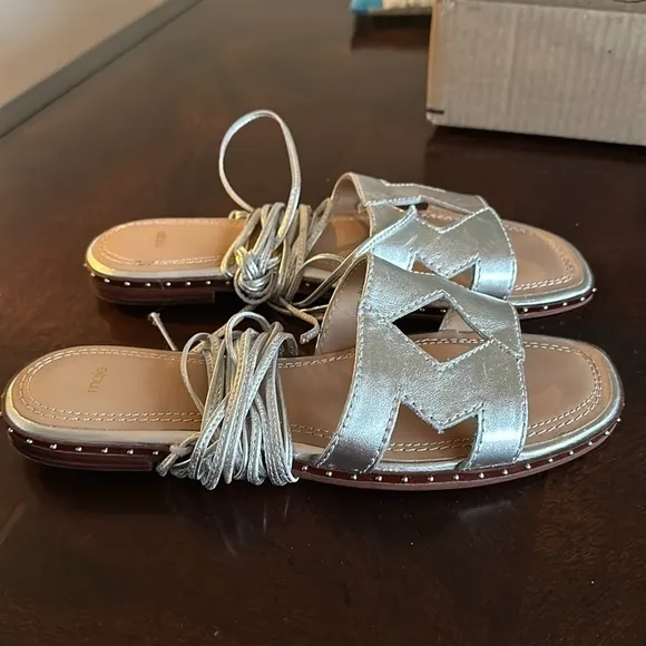 Maje Argent Studded Silver Tie Strap Sandals 40 or 9.5-10