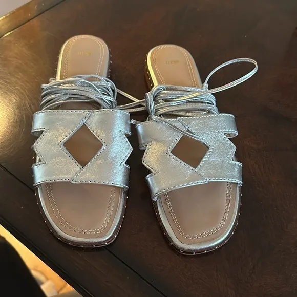 Maje Argent Studded Silver Tie Strap Sandals 40 or 9.5-10