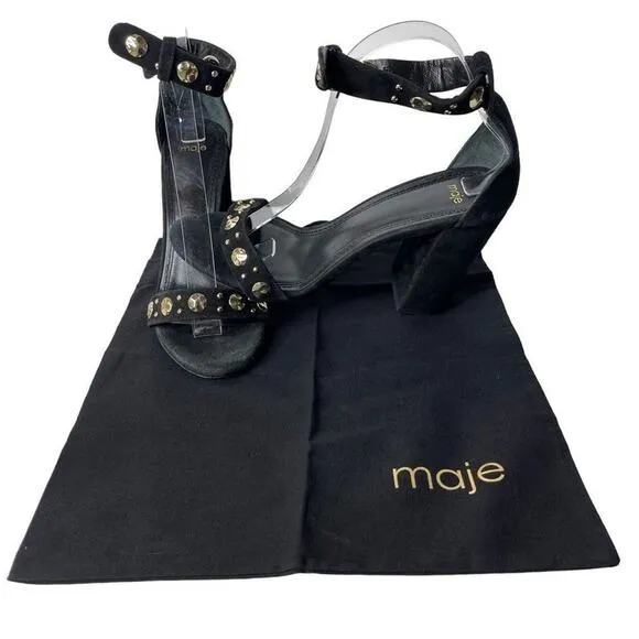 Maje Womens Studded Suede Black Gold Block Heels Sandals Size EU 39 US 8.5- 9