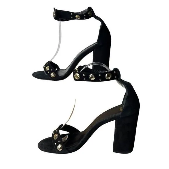 Maje Womens Studded Suede Black Gold Block Heels Sandals Size EU 39 US 8.5- 9
