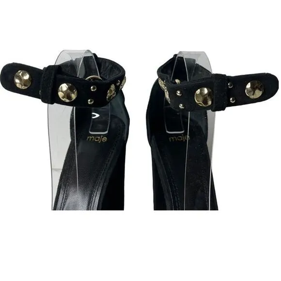 Maje Womens Studded Suede Black Gold Block Heels Sandals Size EU 39 US 8.5- 9