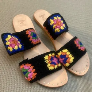 Manebi Granny Square Crochet Leather Sandals Size 39 US 9