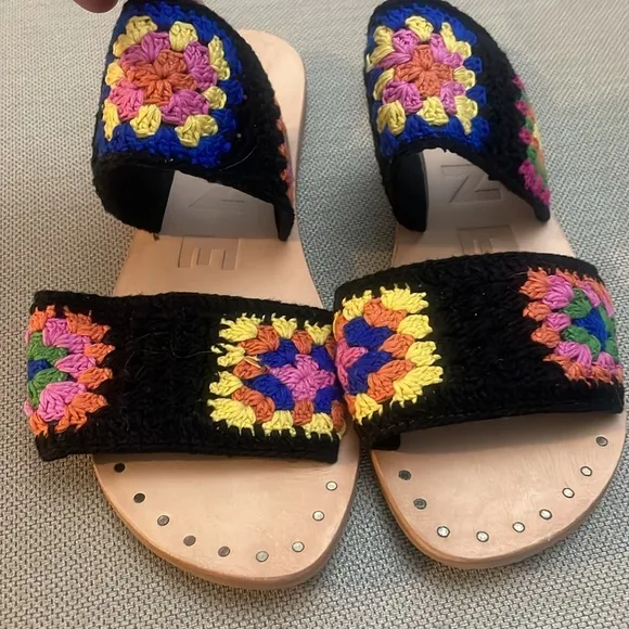 Manebi Granny Square Crochet Leather Sandals Size 39 US 9
