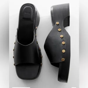 Mango leather wood handcrafted Black and Gold Studded clogs slides sandals