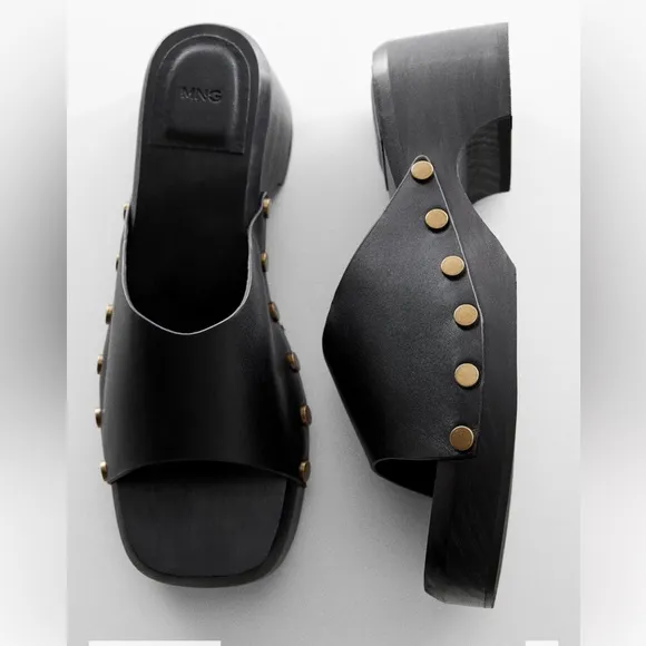 Mango leather wood handcrafted Black and Gold Studded clogs slides sandals