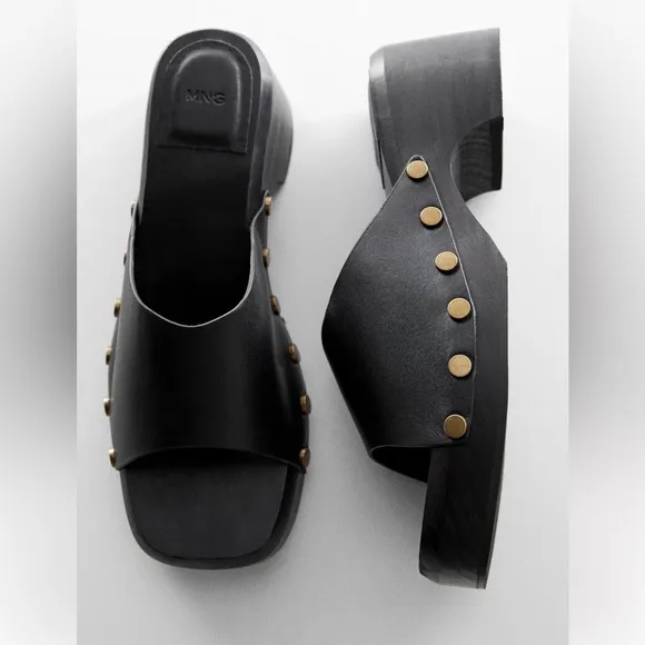 Mango leather wood handcrafted Black and Gold Studded clogs slides sandals