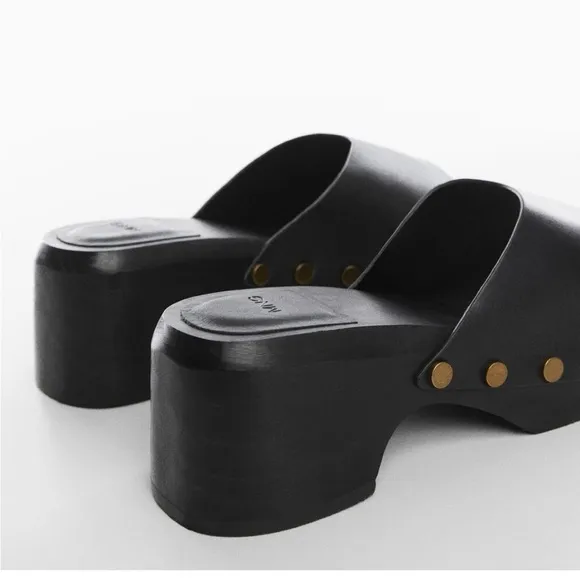 Mango leather wood handcrafted Black and Gold Studded clogs slides sandals
