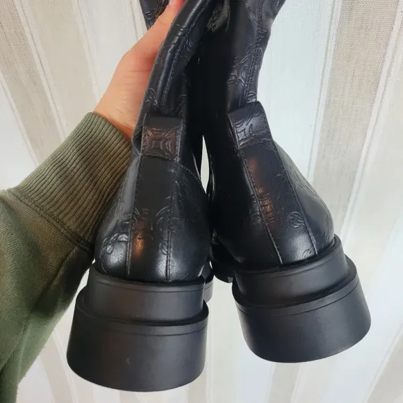 Mango MNG Over the Lnee Chain Embossed Boots Black Size 39/9 US