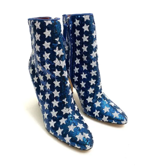 MANOLO BLAHNIK Sequin Stars and Stripes Booties Ankle Boots 7 / 37 Chunky Heel