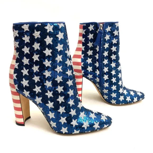 MANOLO BLAHNIK Sequin Stars and Stripes Booties Ankle Boots 7 / 37 Chunky Heel