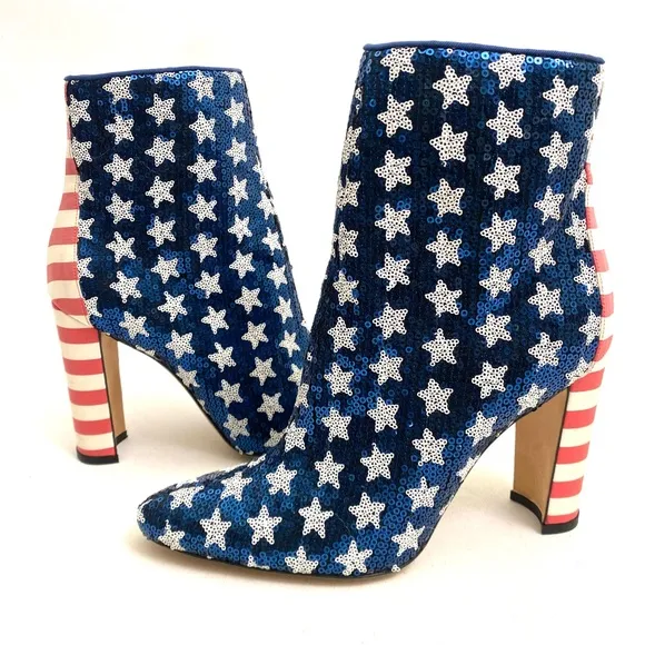 MANOLO BLAHNIK Sequin Stars and Stripes Booties Ankle Boots 7 / 37 Chunky Heel