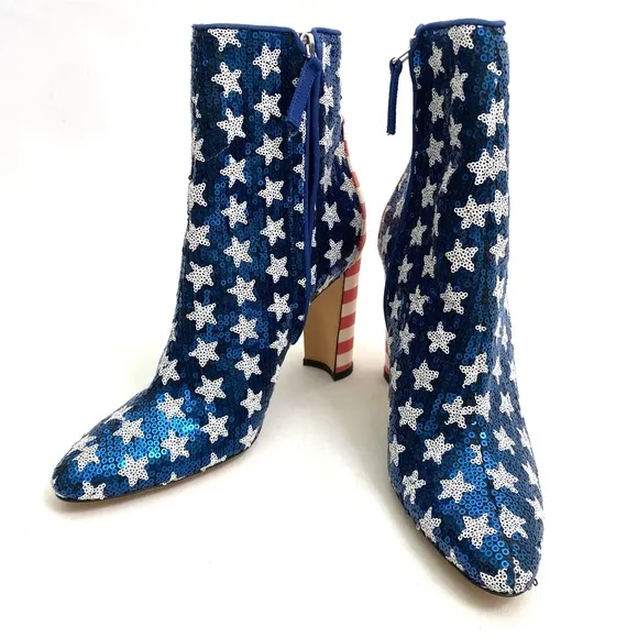 MANOLO BLAHNIK Sequin Stars and Stripes Booties Ankle Boots 7 / 37 Chunky Heel