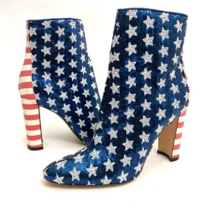 MANOLO BLAHNIK Sequin Stars and Stripes Booties Ankle Boots 7 / 37 Chunky Heel