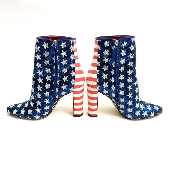 MANOLO BLAHNIK Sequin Stars and Stripes Booties Ankle Boots 7 / 37 Chunky Heel
