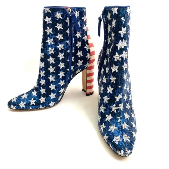 MANOLO BLAHNIK Sequin Stars and Stripes Booties Ankle Boots 7 / 37 Chunky Heel