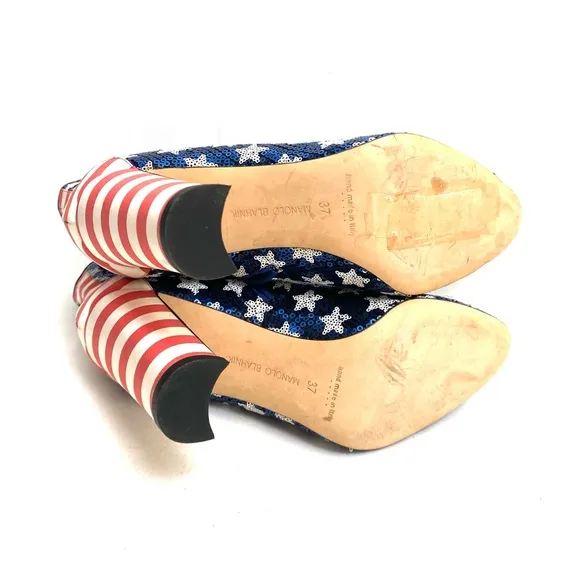 MANOLO BLAHNIK Sequin Stars and Stripes Booties Ankle Boots 7 / 37 Chunky Heel