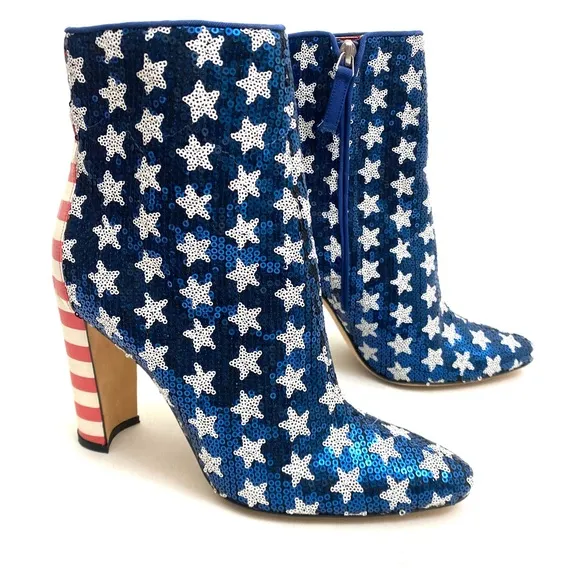 MANOLO BLAHNIK Sequin Stars and Stripes Booties Ankle Boots 7 / 37 Chunky Heel