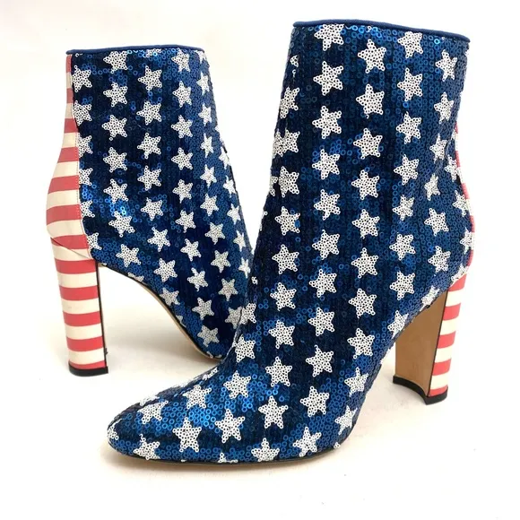 MANOLO BLAHNIK Sequin Stars and Stripes Booties Ankle Boots 7 / 37 Chunky Heel