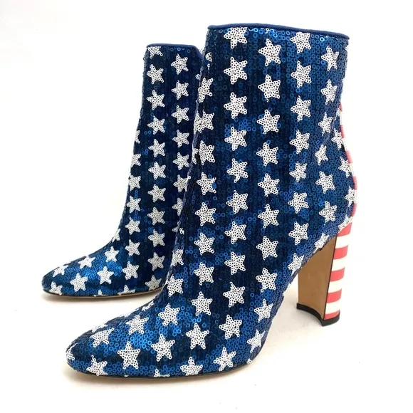MANOLO BLAHNIK Sequin Stars and Stripes Booties Ankle Boots 7 / 37 Chunky Heel