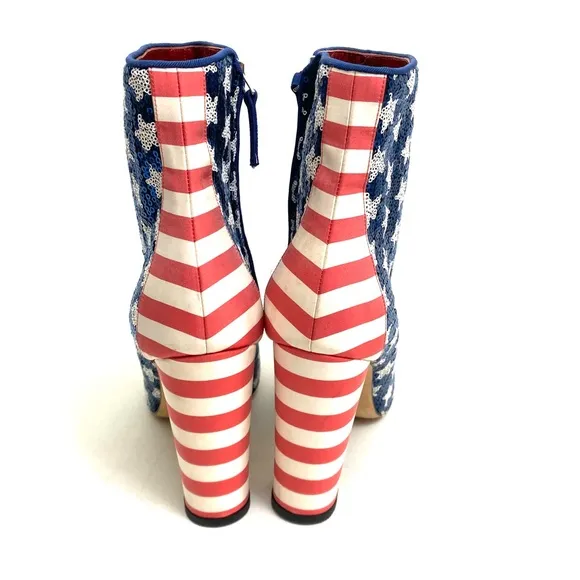 MANOLO BLAHNIK Sequin Stars and Stripes Booties Ankle Boots 7 / 37 Chunky Heel