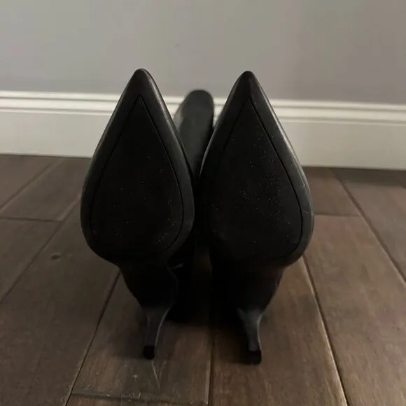 Marc Fisher Black Leather Kitten Heel Knee High Pointed Toe Boots 9M NWOT