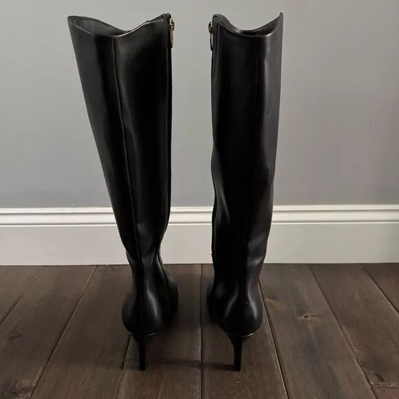 Marc Fisher Black Leather Kitten Heel Knee High Pointed Toe Boots 9M NWOT