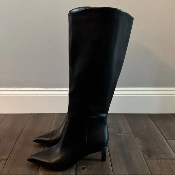 Marc Fisher Black Leather Kitten Heel Knee High Pointed Toe Boots 9M NWOT