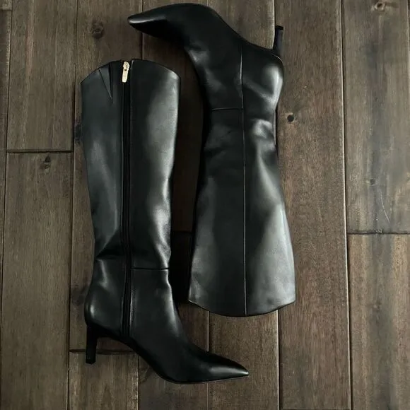Marc Fisher Black Leather Kitten Heel Knee High Pointed Toe Boots 9M NWOT