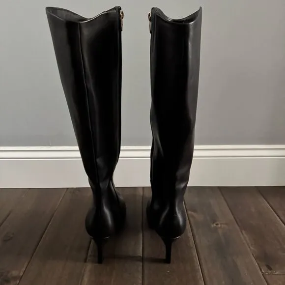 Marc Fisher Black Leather Kitten Heel Knee High Pointed Toe Boots 9M NWOT