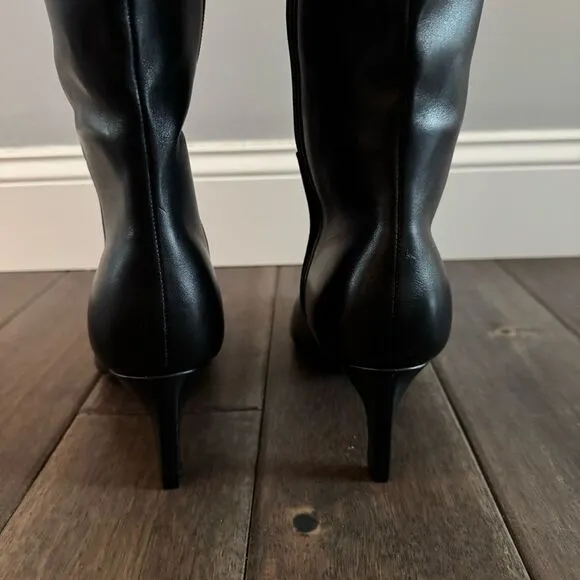Marc Fisher Black Leather Kitten Heel Knee High Pointed Toe Boots 9M NWOT