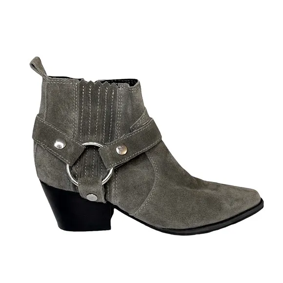 Marc Fisher Grey Leather Suede Halie Harness Moto Ankle Booties Size 6.5