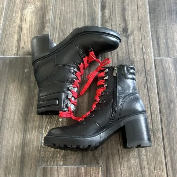 Marc Fisher Lanie Chunky Block Heel Boots Size 6M Red Laces  Black