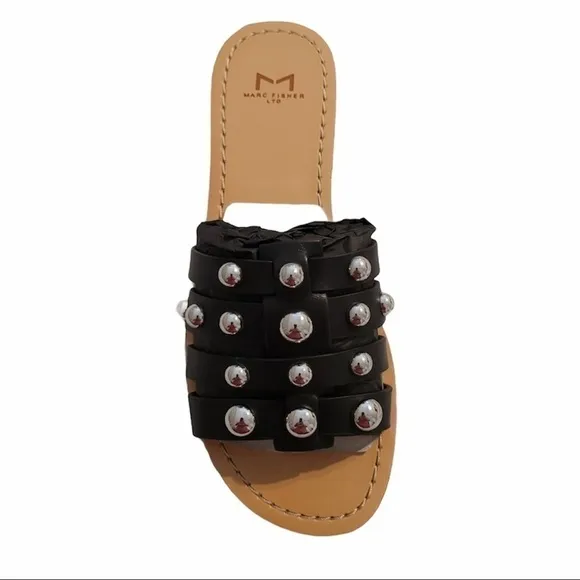 Marc Fisher NIB Studded Pava Leather Slip On Slides Sandals Black Size 6 Summer