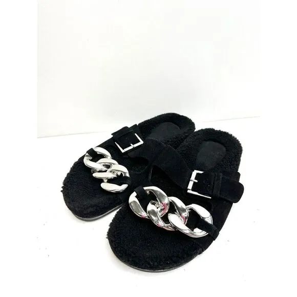 Marc Fisher Sandals Womens Size 6 Leather Black Fresno Shearling Sherpa Slides