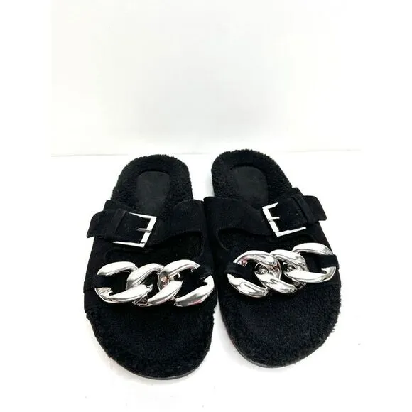 Marc Fisher Sandals Womens Size 6 Leather Black Fresno Shearling Sherpa Slides