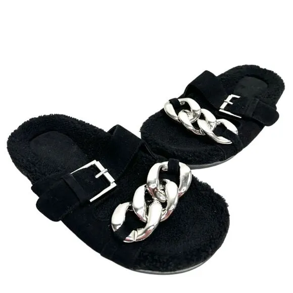 Marc Fisher Sandals Womens Size 6 Leather Black Fresno Shearling Sherpa Slides