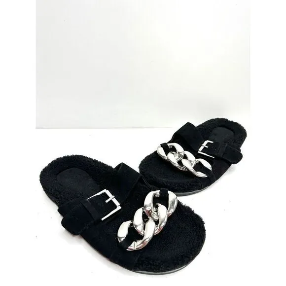 Marc Fisher Sandals Womens Size 6 Leather Black Fresno Shearling Sherpa Slides