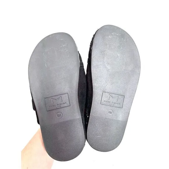 Marc Fisher Sandals Womens Size 6 Leather Black Fresno Shearling Sherpa Slides