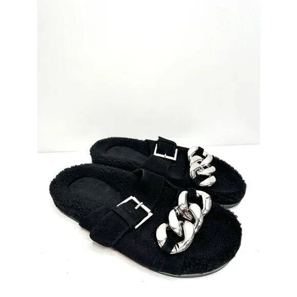 Marc Fisher Sandals Womens Size 6 Leather Black Fresno Shearling Sherpa Slides