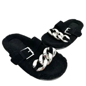Marc Fisher Sandals Womens Size 6 Leather Black Fresno Shearling Sherpa Slides